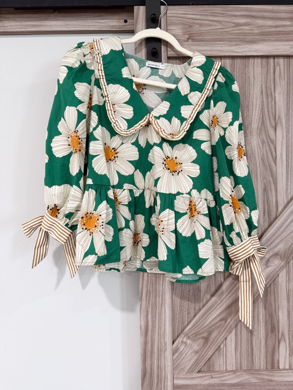 Green Floral Peplum Blouse with Peter Pan Collar